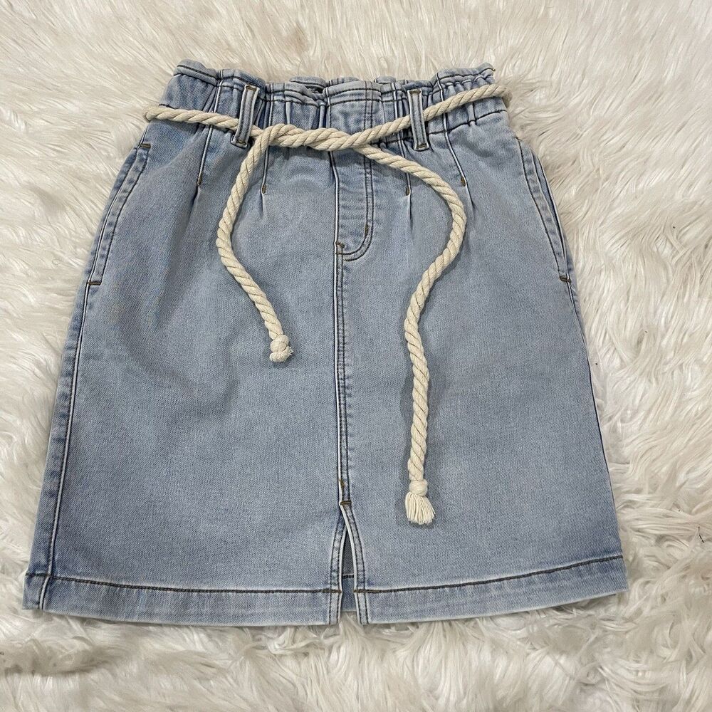 Tribal Jean Skirt Womens Sz 2 Pull On Paper Bag Waist Light Wash Rope Belt Y2K